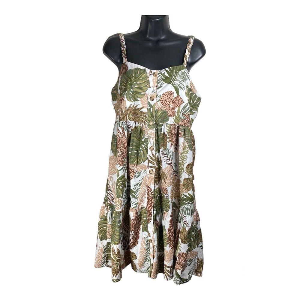 Beach Lunch Lounge Dress Womens Small Linen Cotton Blend Tiered Safari Tropical